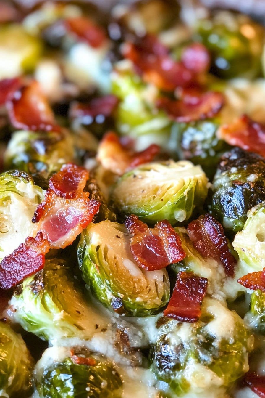 Creamy Garlic Parmesan Brussels Sprouts with Bacon