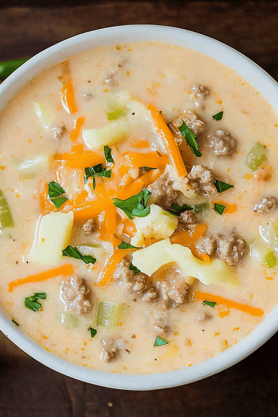 Crock-Pot Cheeseburger Soup Final Dish Presentation