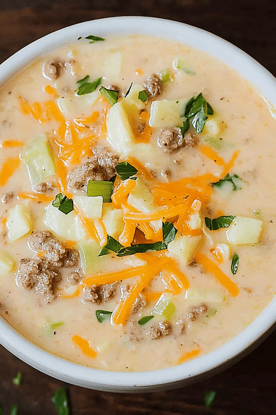 Crock-Pot Cheeseburger Soup Final Dish Presentation