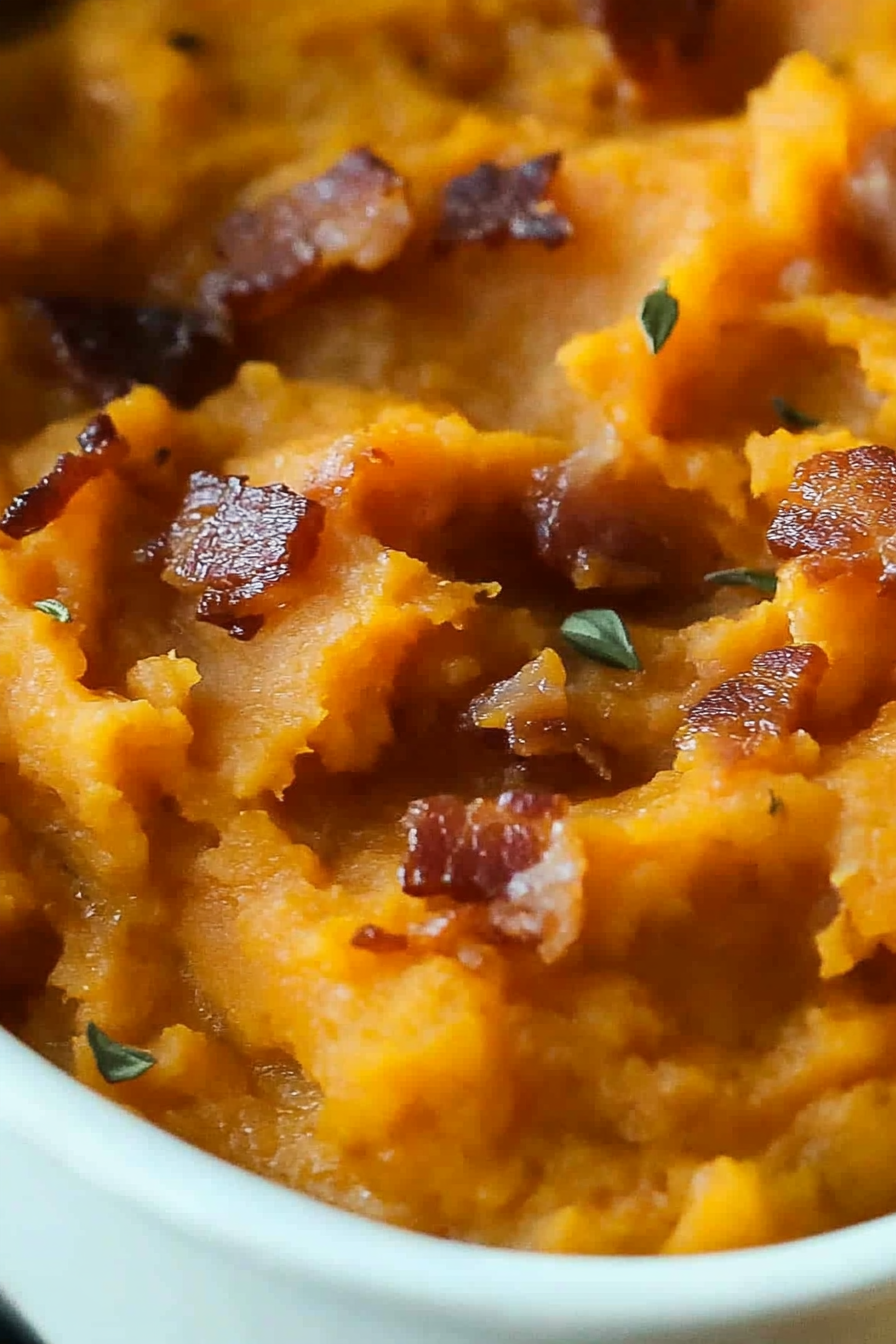 Maple Bacon Mashed Sweet Potatoes Final Dish Presentation