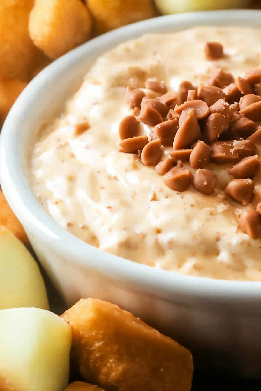 Peanut Butter Toffee Cheesecake Dip Final Dish Presentation