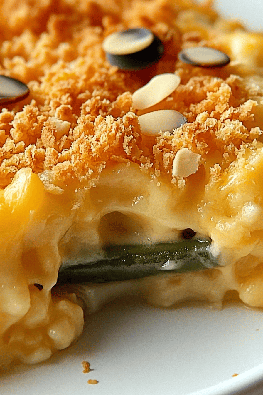 7-Cheese Green Bean Casserole slice on plate showing perfect texture and swirl pattern