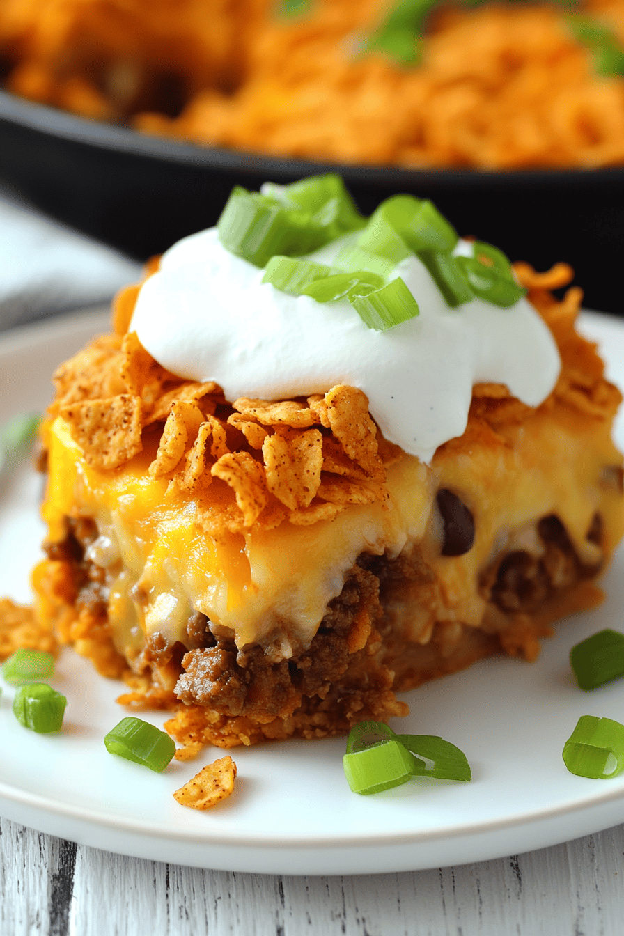 7-Layer Dorito Taco Pie final dish beautifully presented and ready to serve