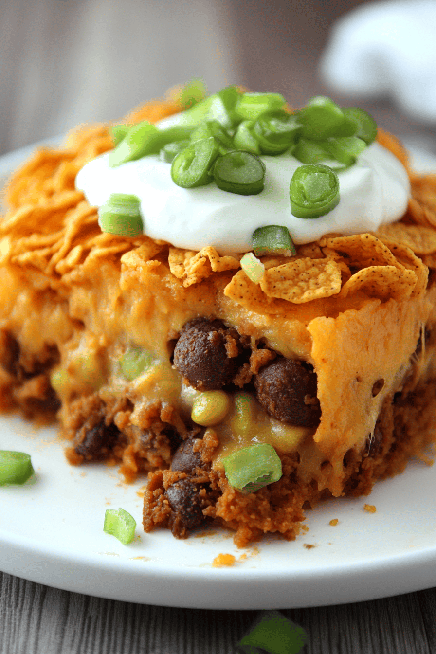7-Layer Dorito Taco Pie slice on plate showing perfect texture and swirl pattern