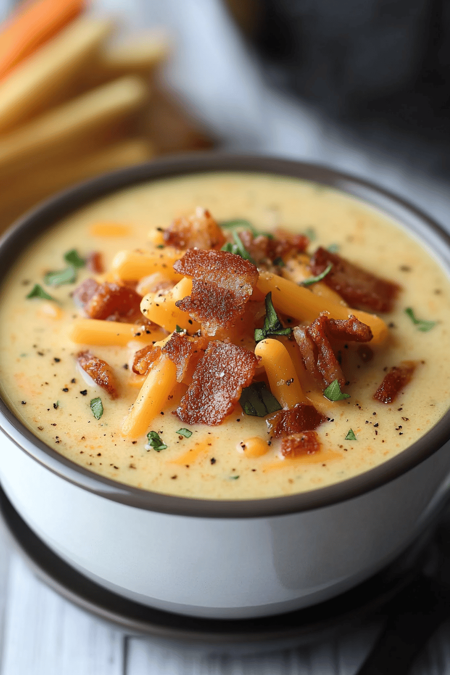 Bacon Cheeseburger Soup final dish beautifully presented and ready to serve
