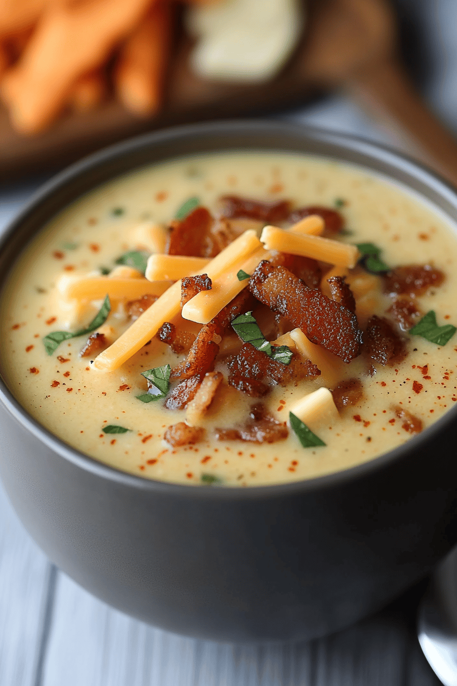 Bacon Cheeseburger Soup slice on plate showing perfect texture and swirl pattern