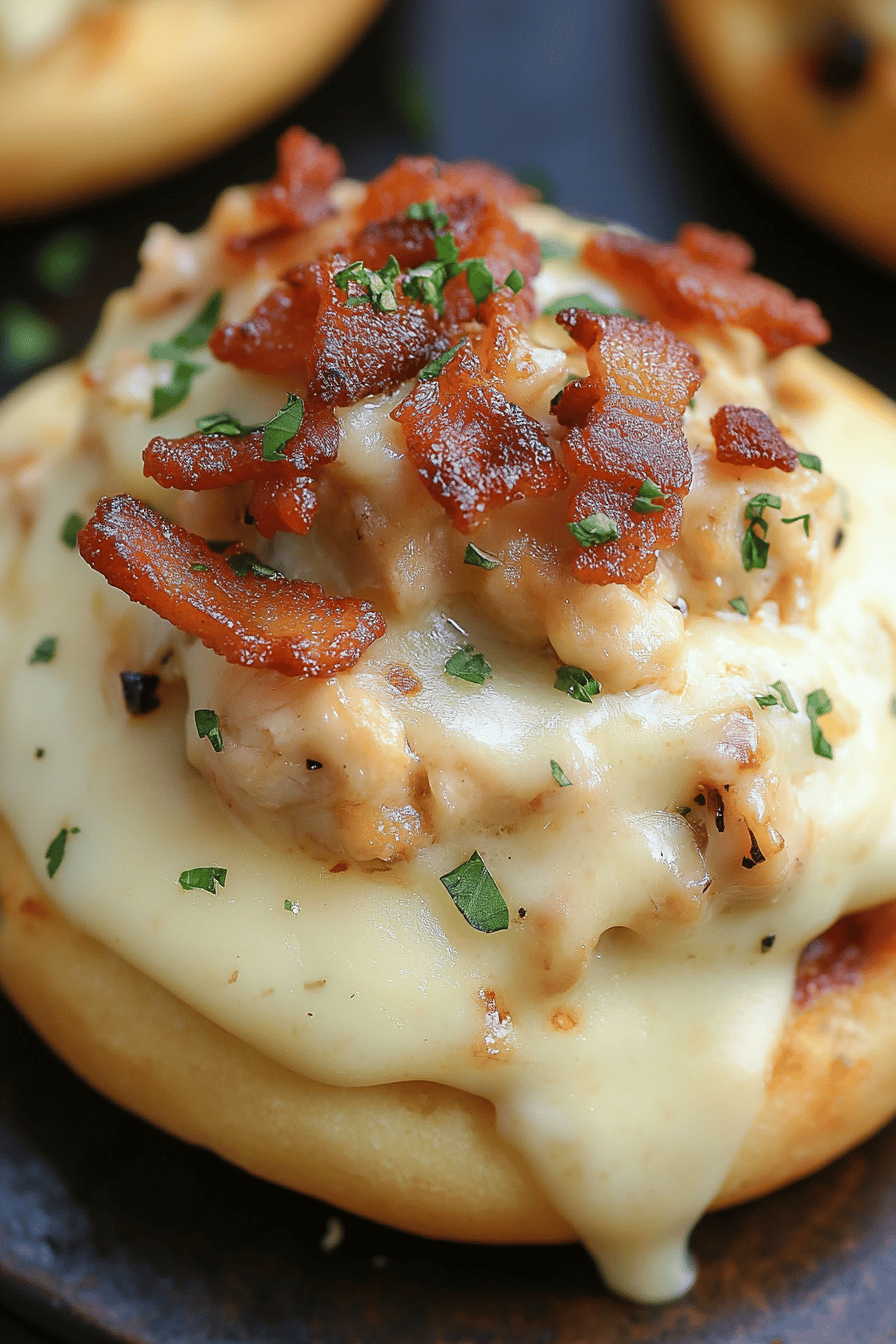 Bacon Chicken Alfredo English Muffins final dish beautifully presented and ready to serve
