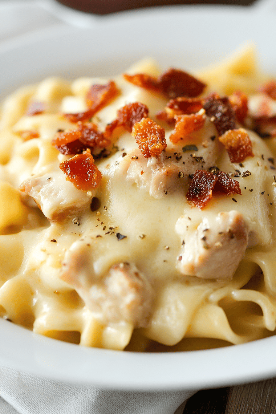 Baked Chicken Alfredo Pasta final dish beautifully presented and ready to serve