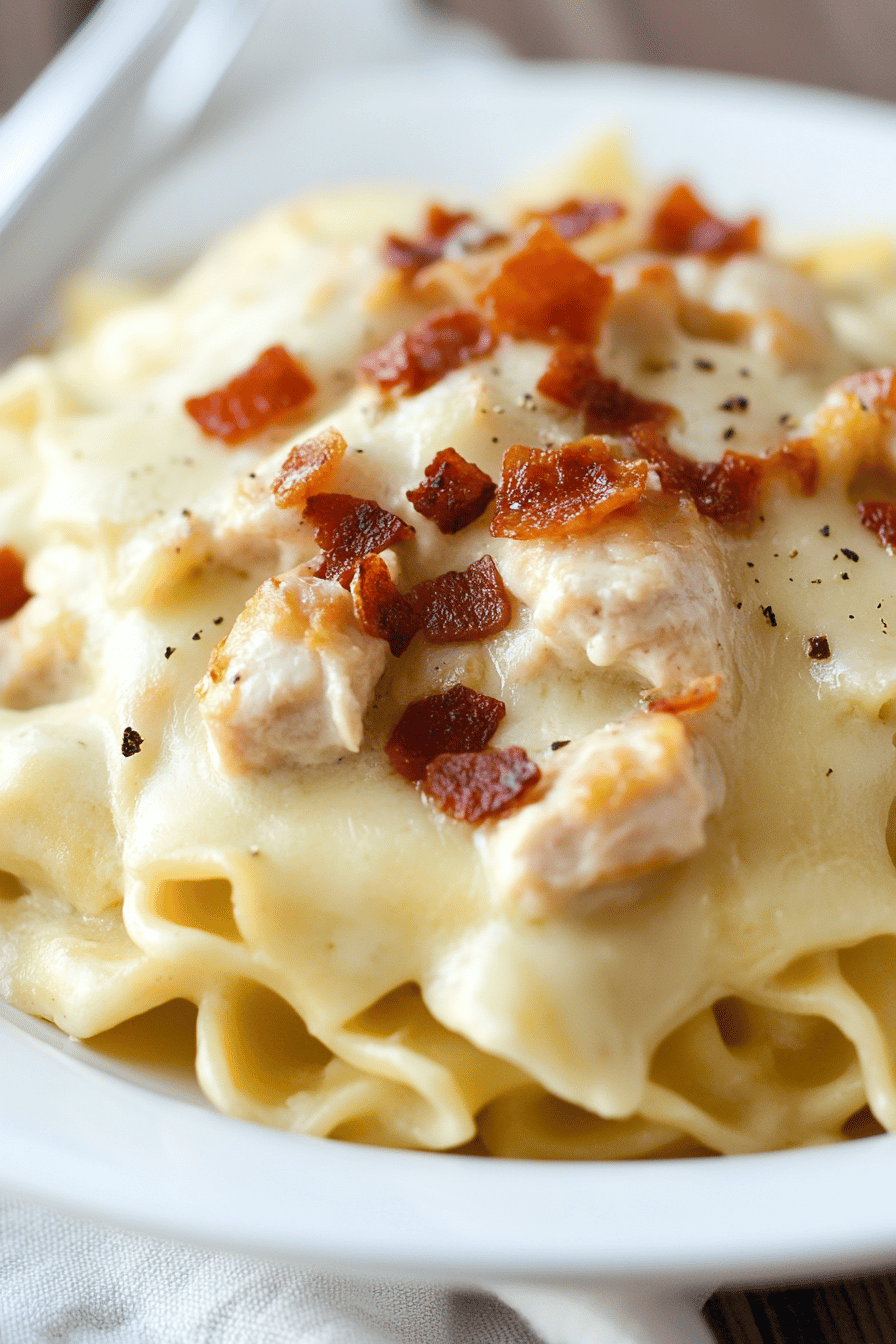 Baked Chicken Alfredo Pasta slice on plate showing perfect texture and swirl pattern