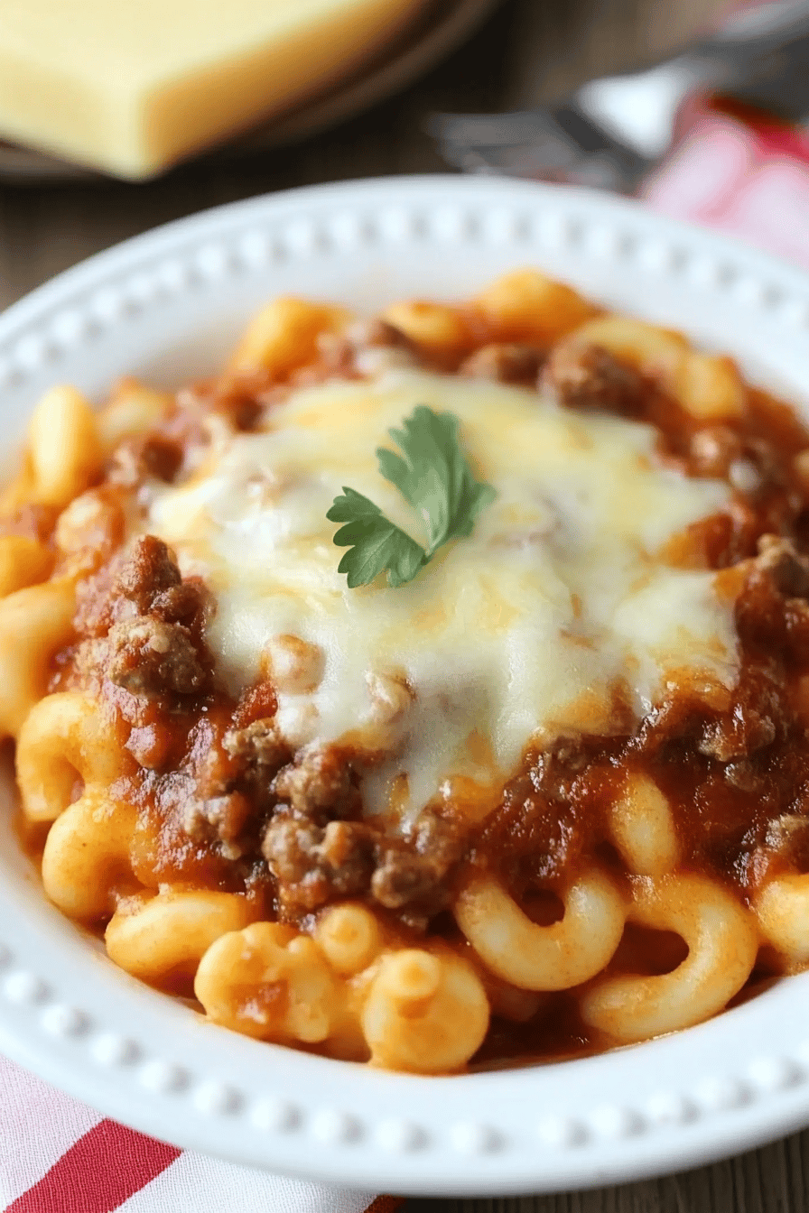 Baked Chili Mac and Cheese slice on plate showing perfect texture and swirl pattern