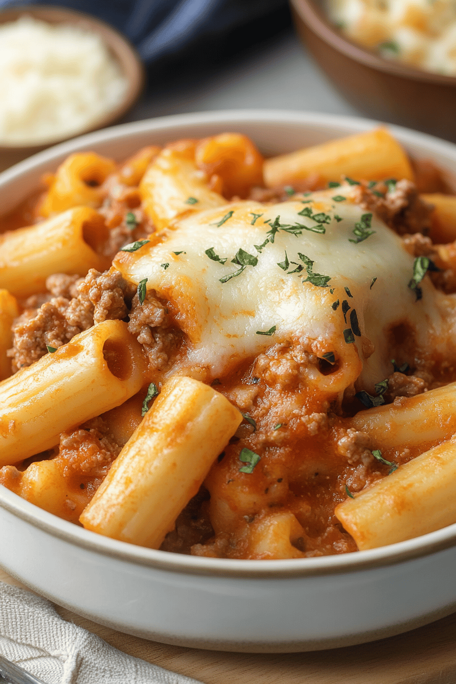 Baked Ziti with Ground Beef ingredients organized and measured on kitchen counter