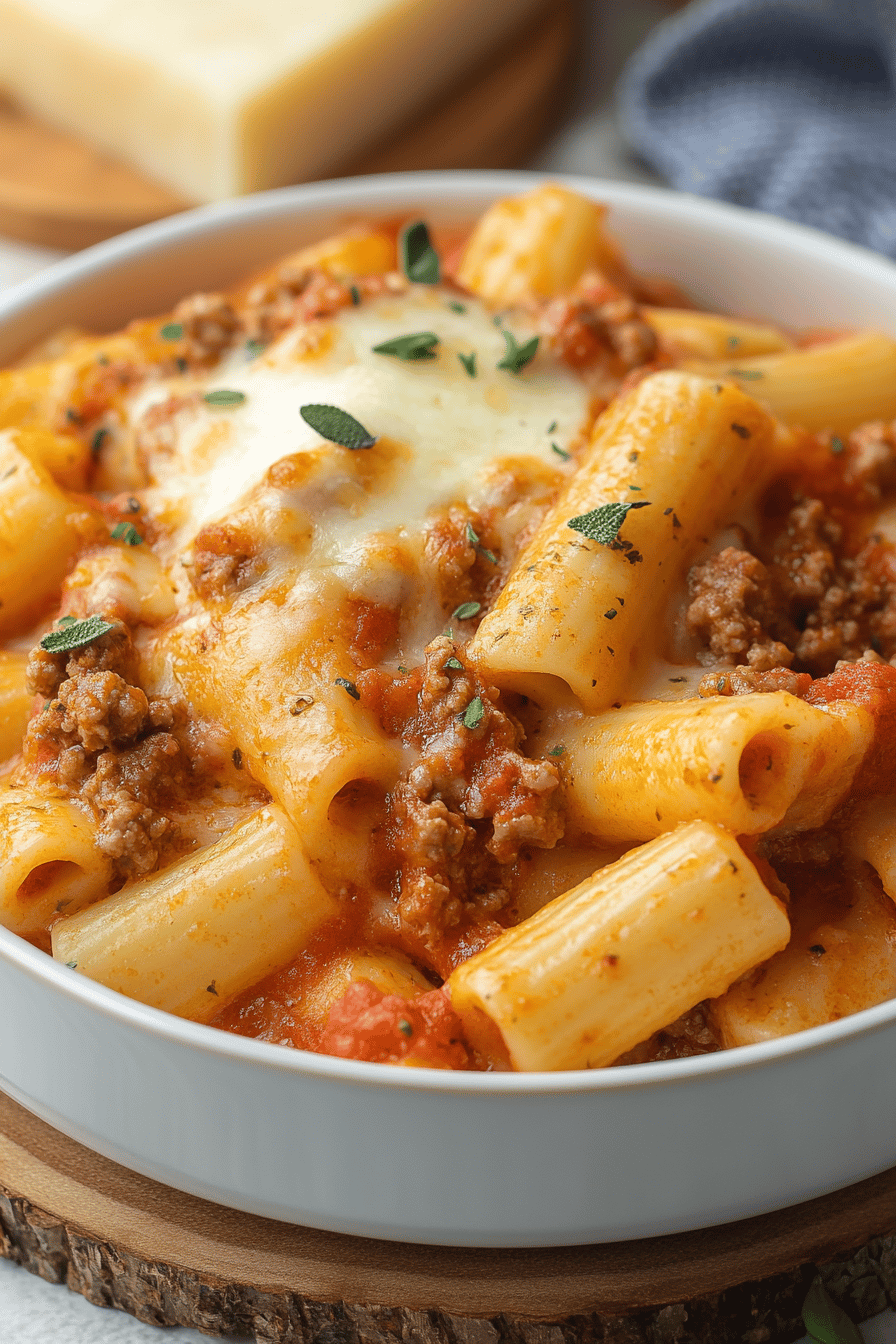 Baked Ziti with Ground Beef final dish beautifully presented and ready to serve