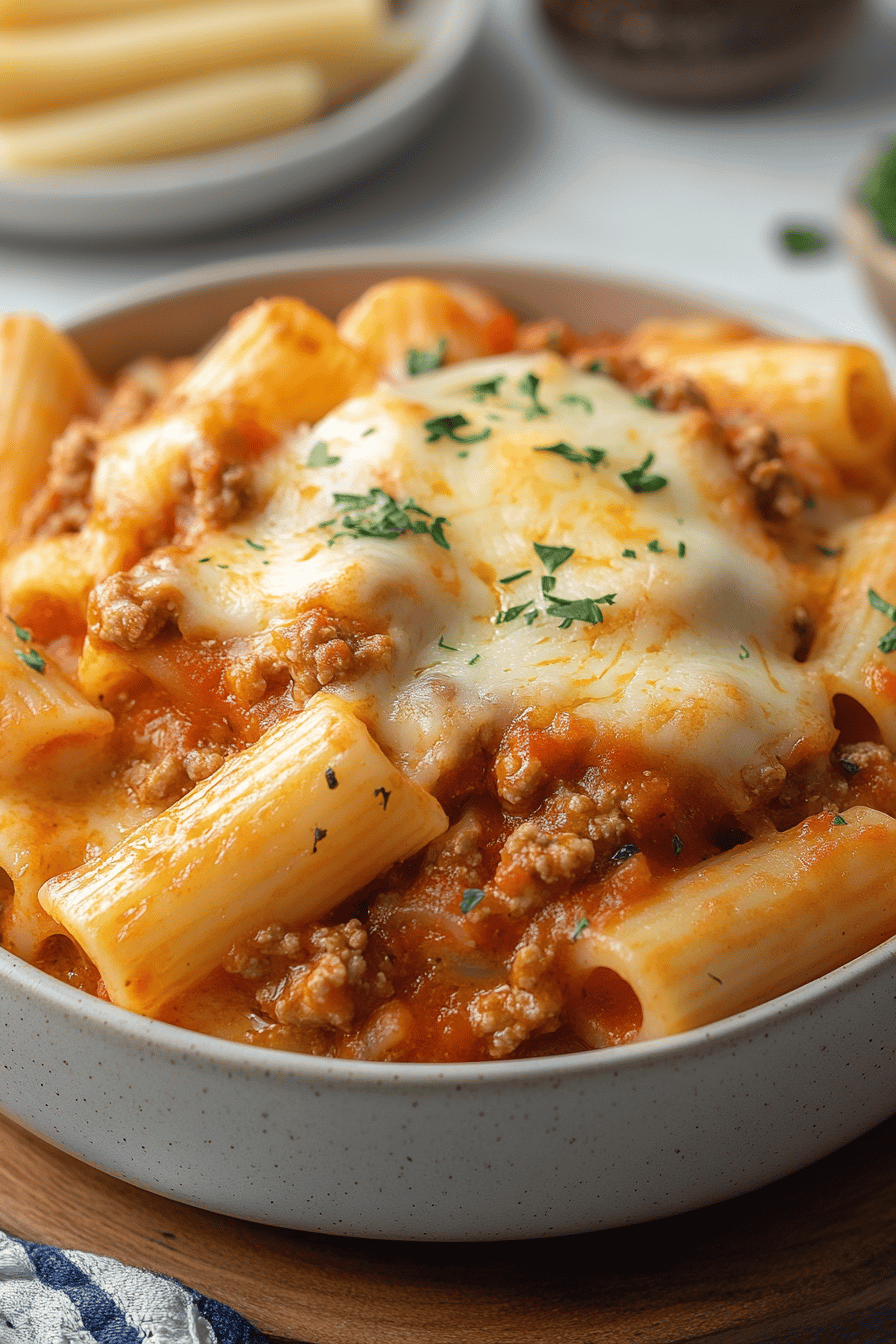 Baked Ziti with Ground Beef slice on plate showing perfect texture and swirl pattern