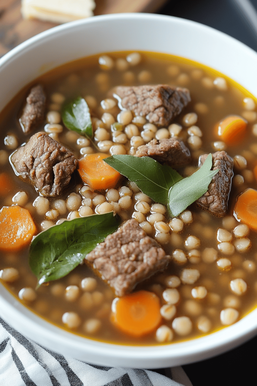 Beef Barley Soup slice on plate showing perfect texture and swirl pattern