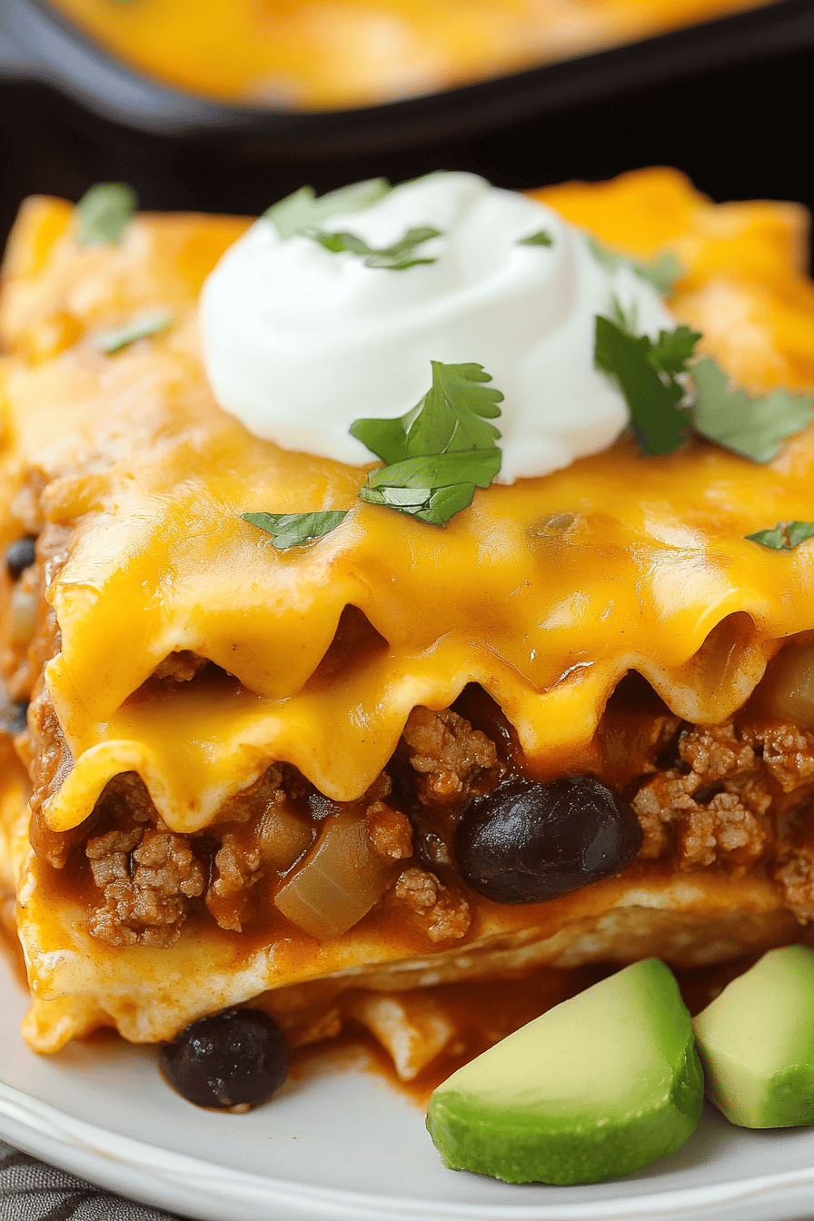 Beef Enchilada Casserole slice on plate showing perfect texture and swirl pattern