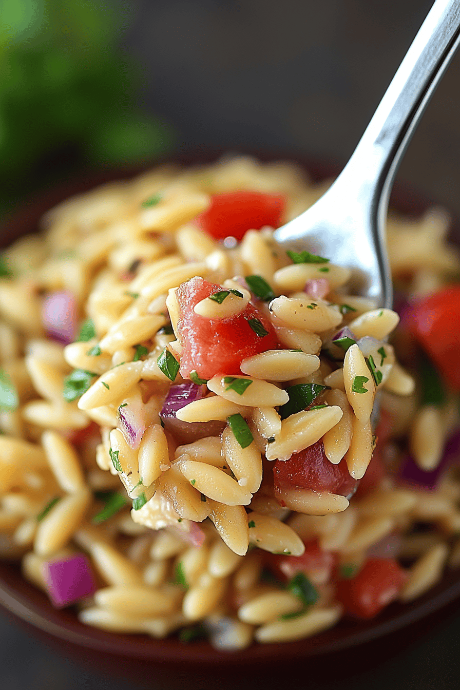 Bruschetta Orzo Pasta Salad final dish beautifully presented and ready to serve