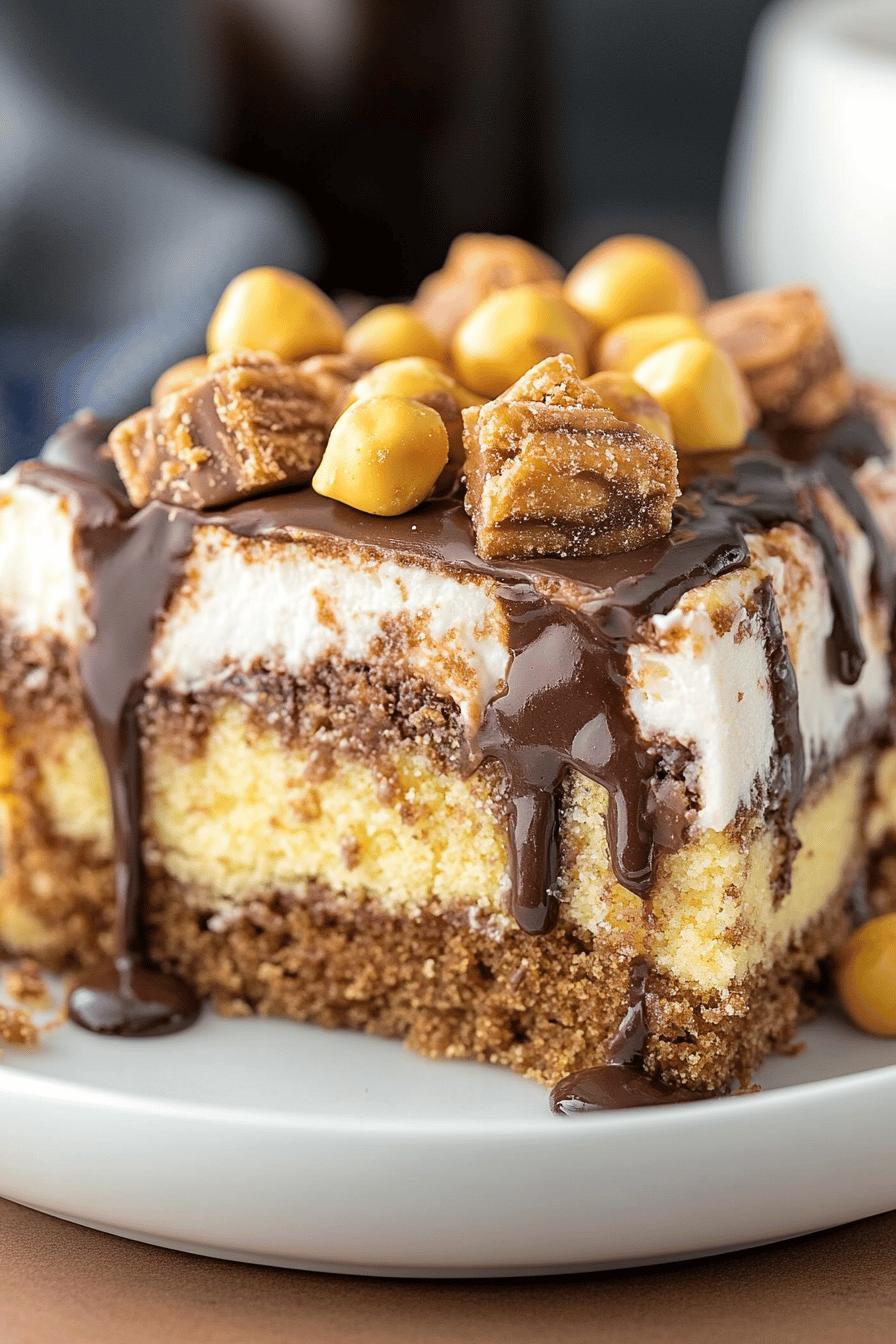 Butterfinger Poke Cake final dish beautifully presented and ready to serve