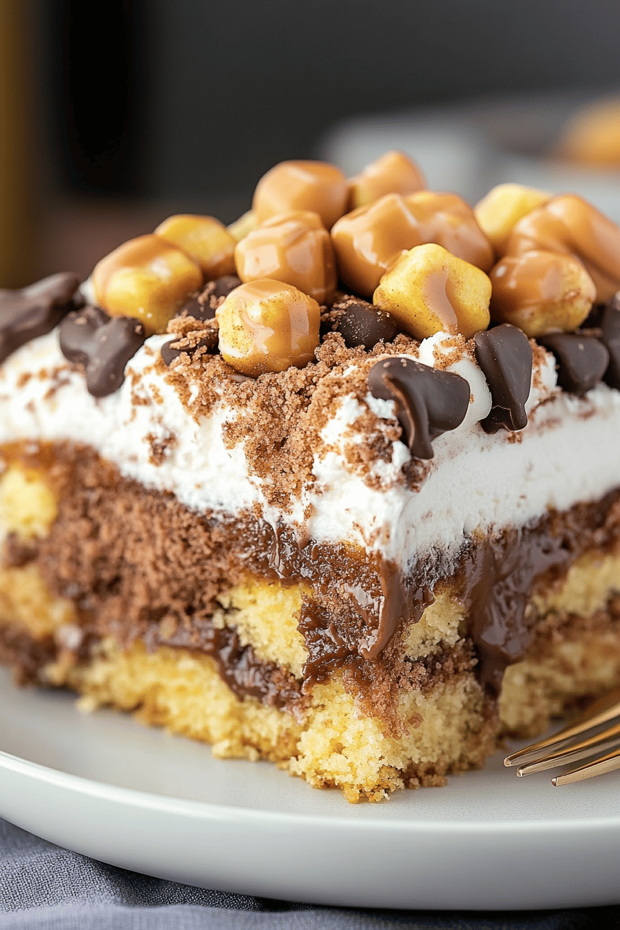 Butterfinger Poke Cake slice on plate showing perfect texture and swirl pattern