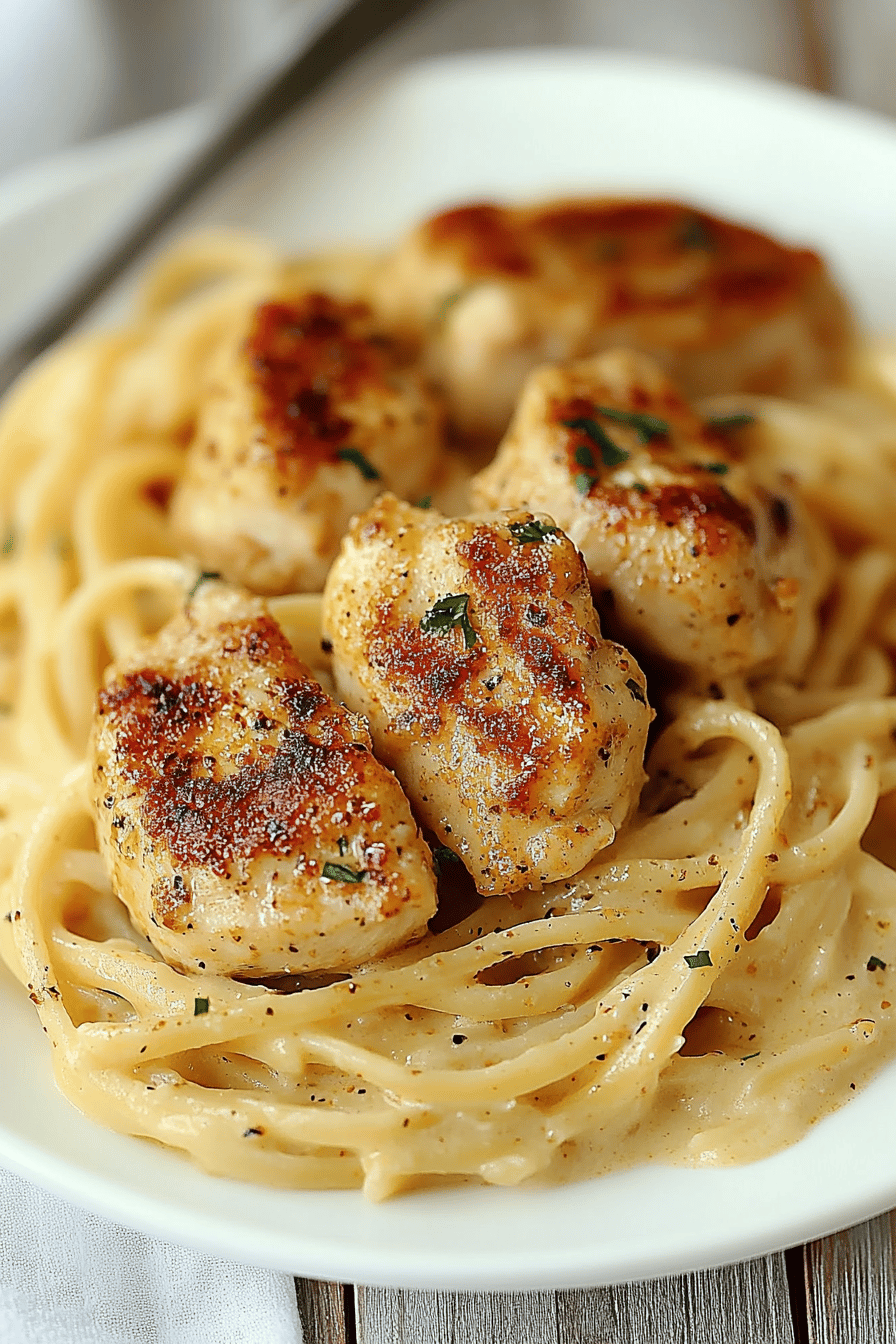 Cajun Chicken Alfredo slice on plate showing perfect texture and swirl pattern