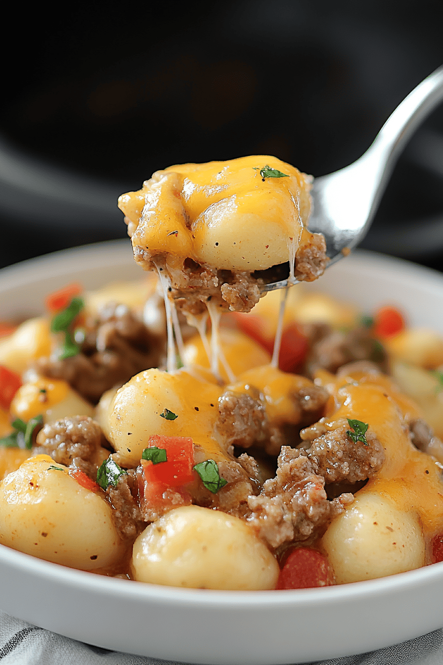 Cheeseburger Gnocchi final dish beautifully presented and ready to serve