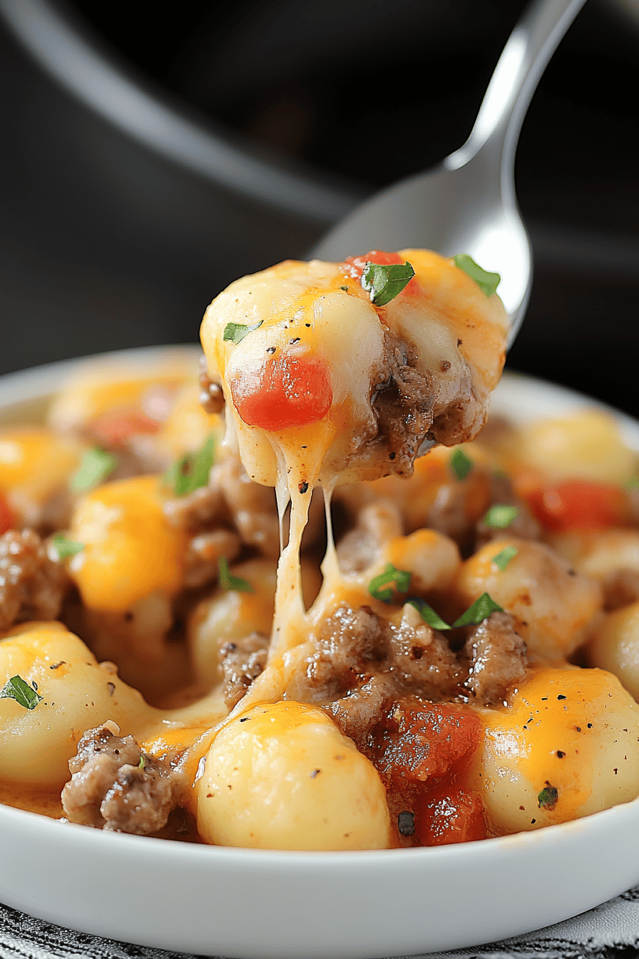 Cheeseburger Gnocchi slice on plate showing perfect texture and swirl pattern