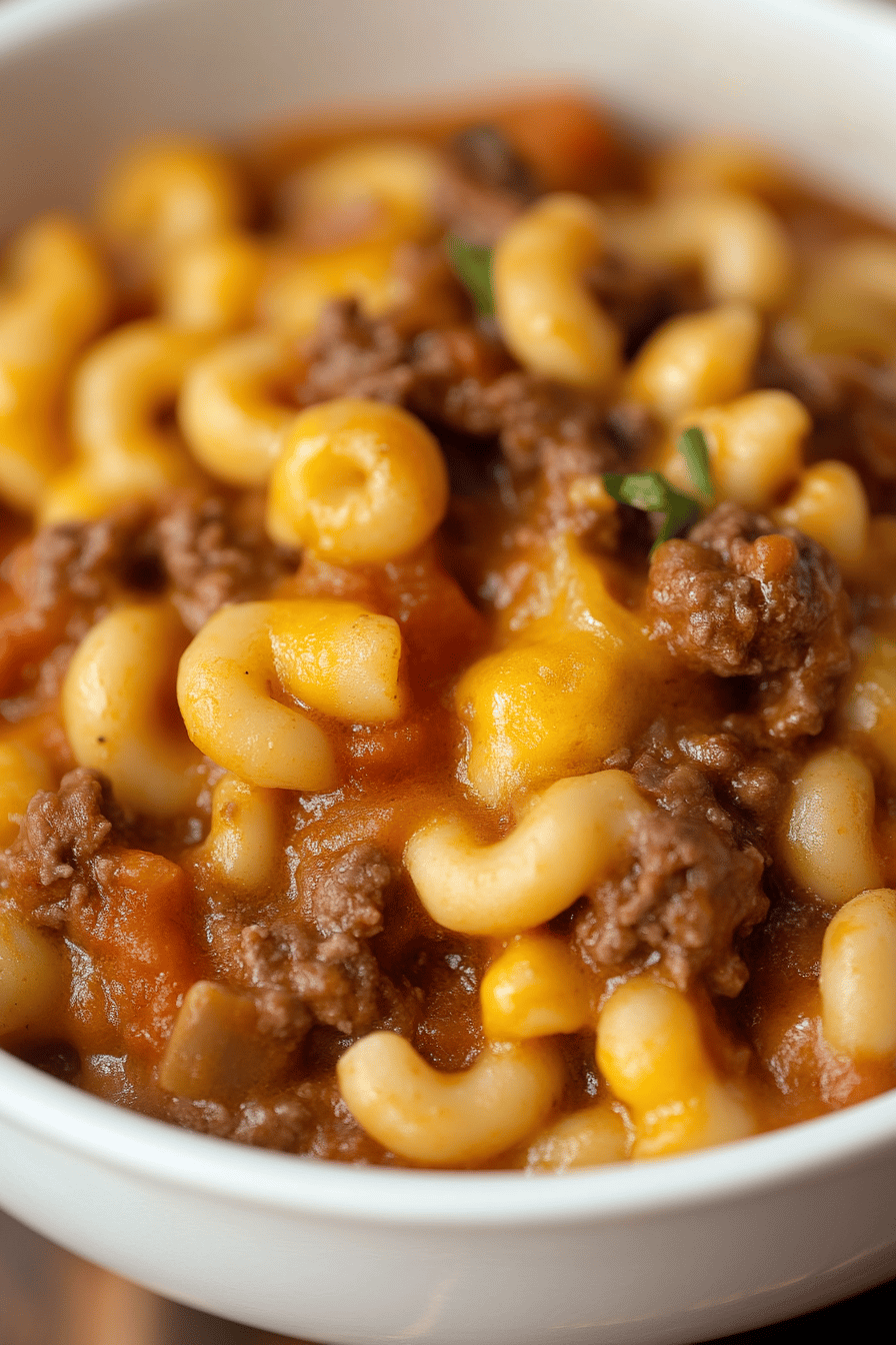 Cheesy Beef Goulash ingredients organized and measured on kitchen counter