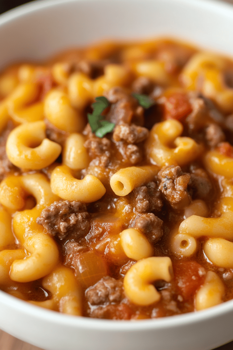 Cheesy Beef Goulash final dish beautifully presented and ready to serve