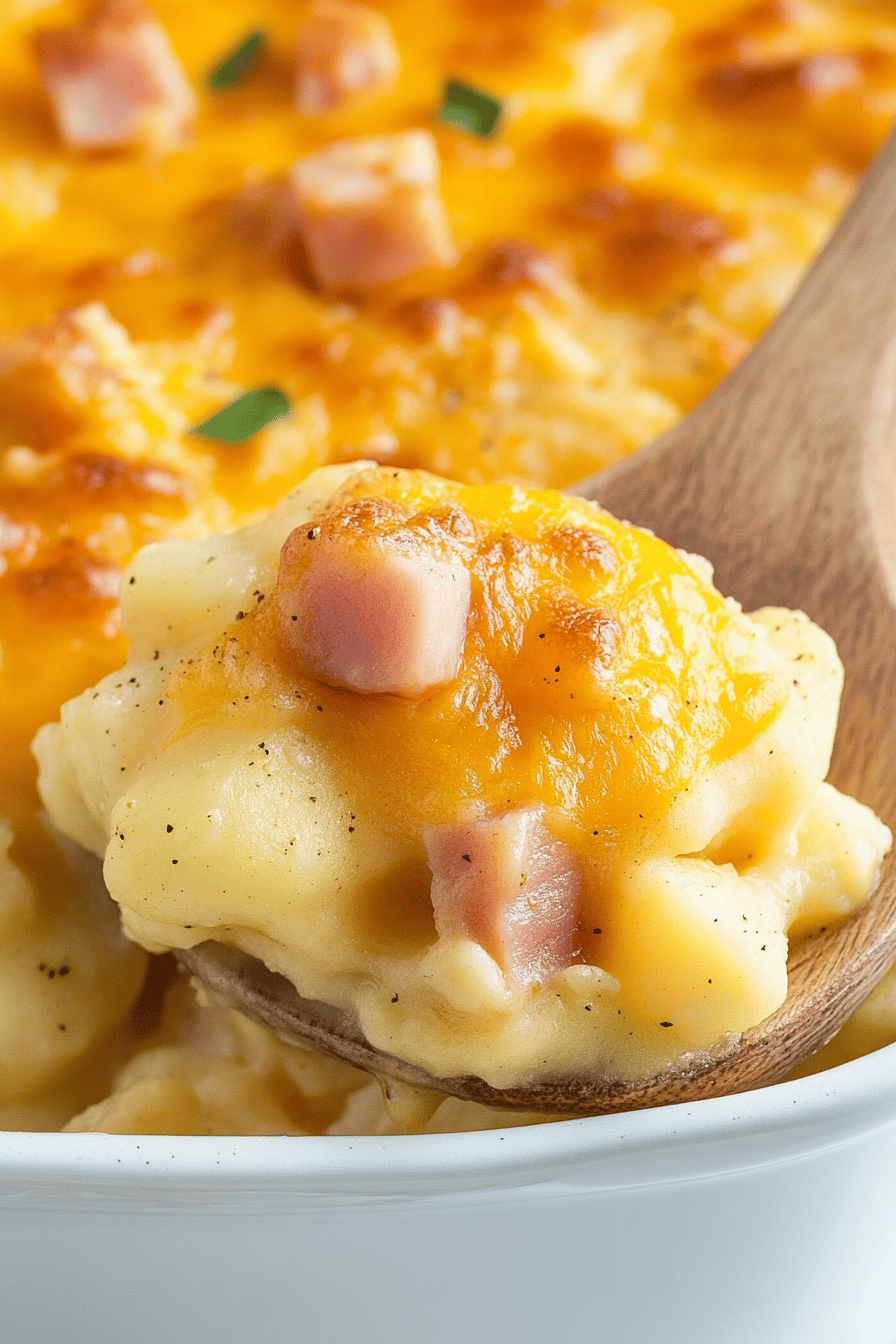 Cheesy Ham and Potato Casserole slice on plate showing perfect texture and swirl pattern