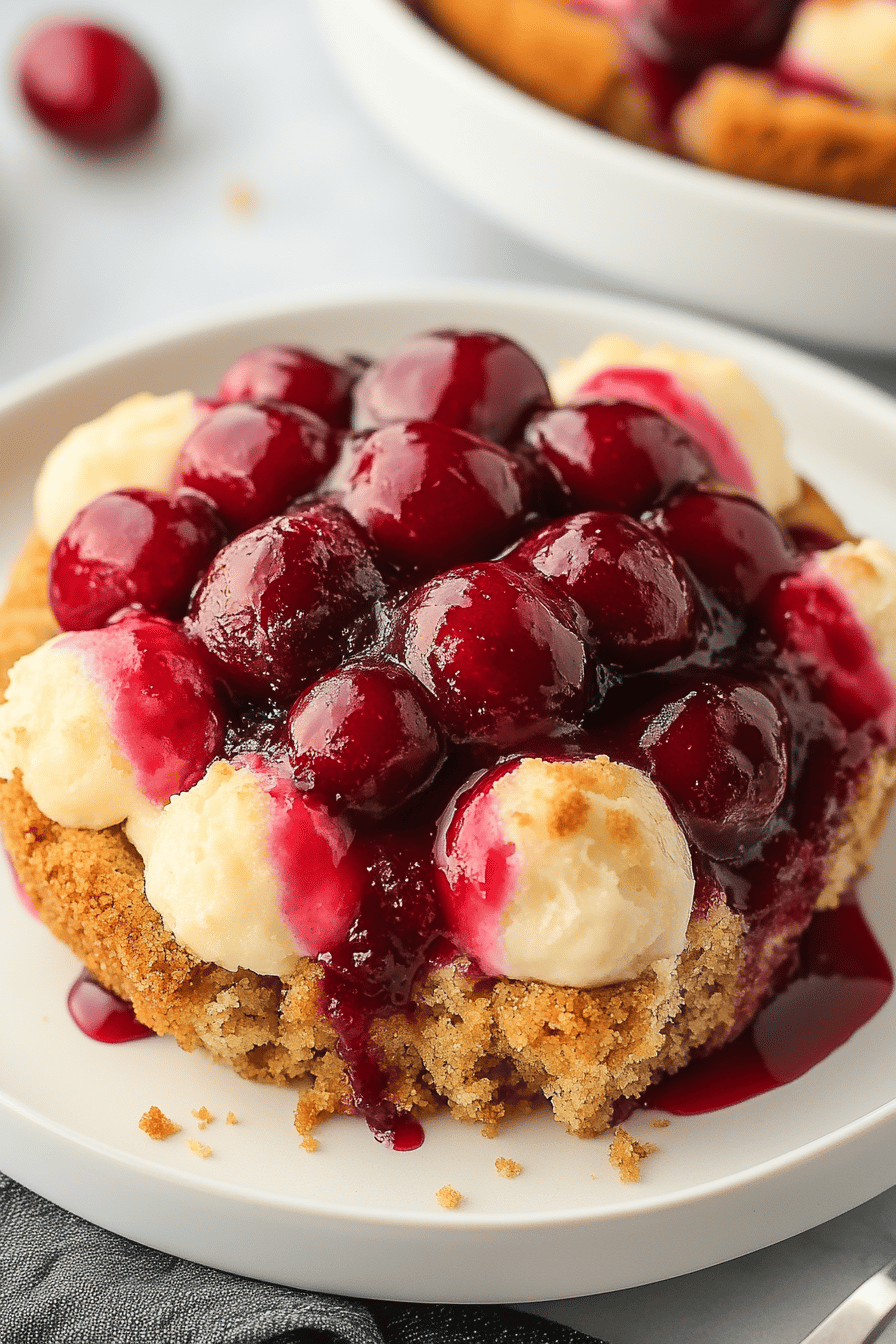 Cherry Dump Cake slice on plate showing perfect texture and swirl pattern