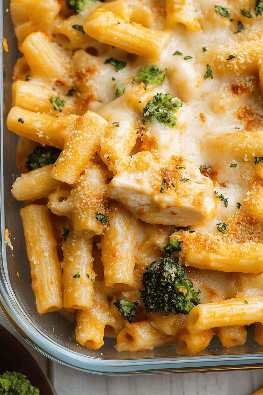 Chicken Broccoli Ziti final dish beautifully presented and ready to serve