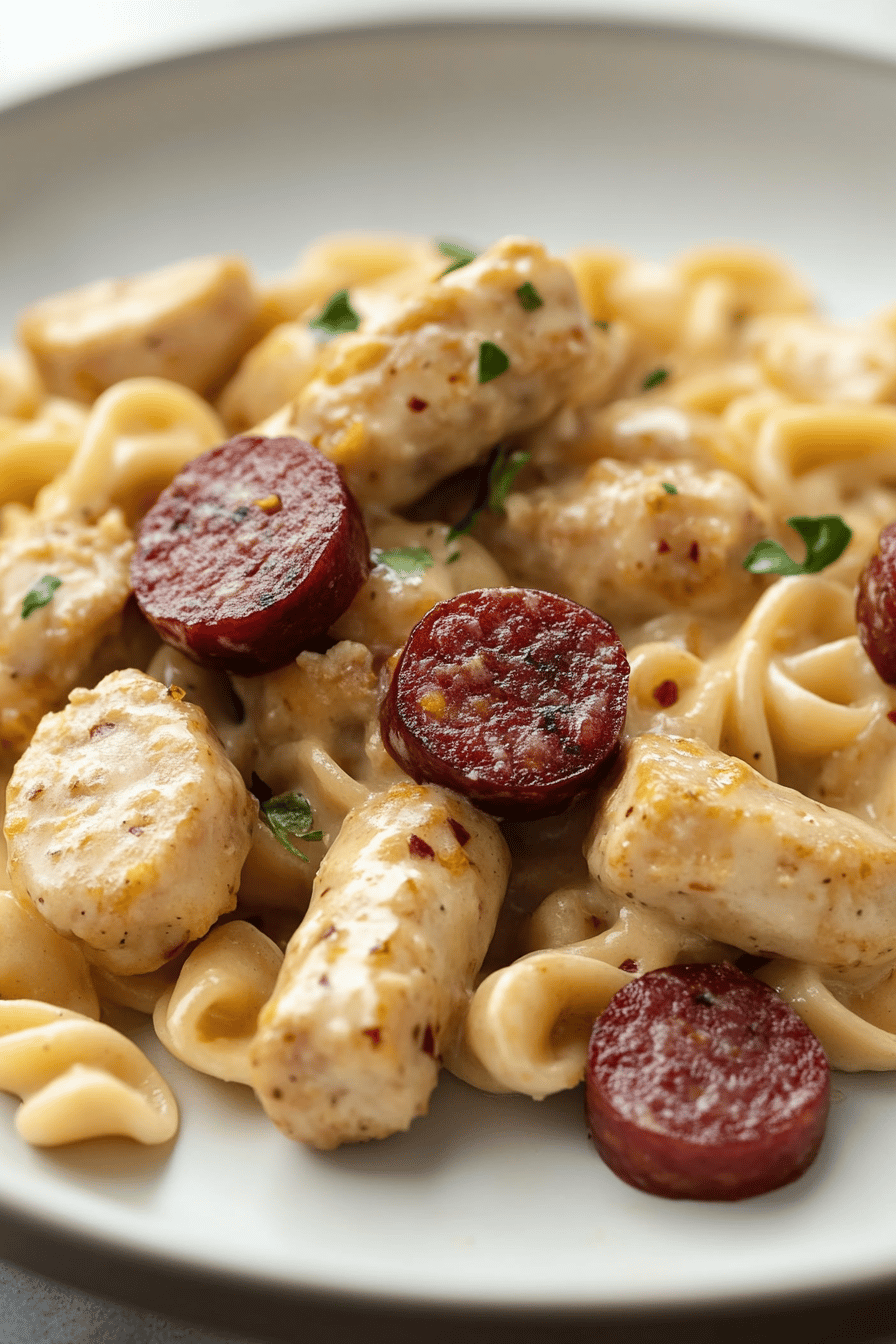 Chicken Sausage Alfredo Recipe ingredients organized and measured on kitchen counter