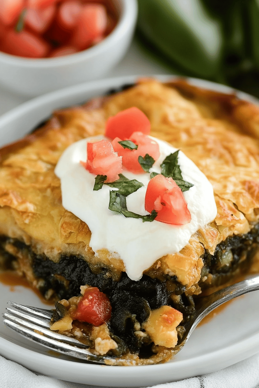 Chili Relleno Casserole slice on plate showing perfect texture and swirl pattern