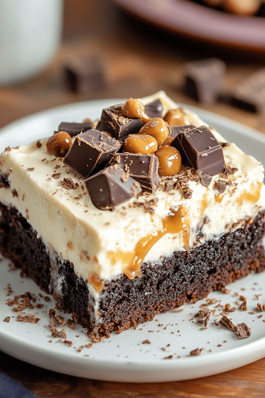 Chocolate Caramel Poke Cake final dish beautifully presented and ready to serve