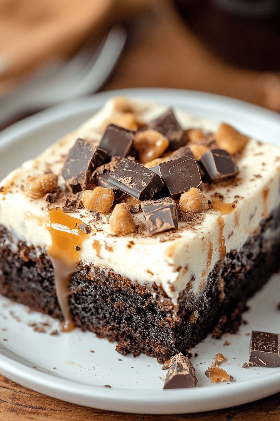 Chocolate Caramel Poke Cake slice on plate showing perfect texture and swirl pattern