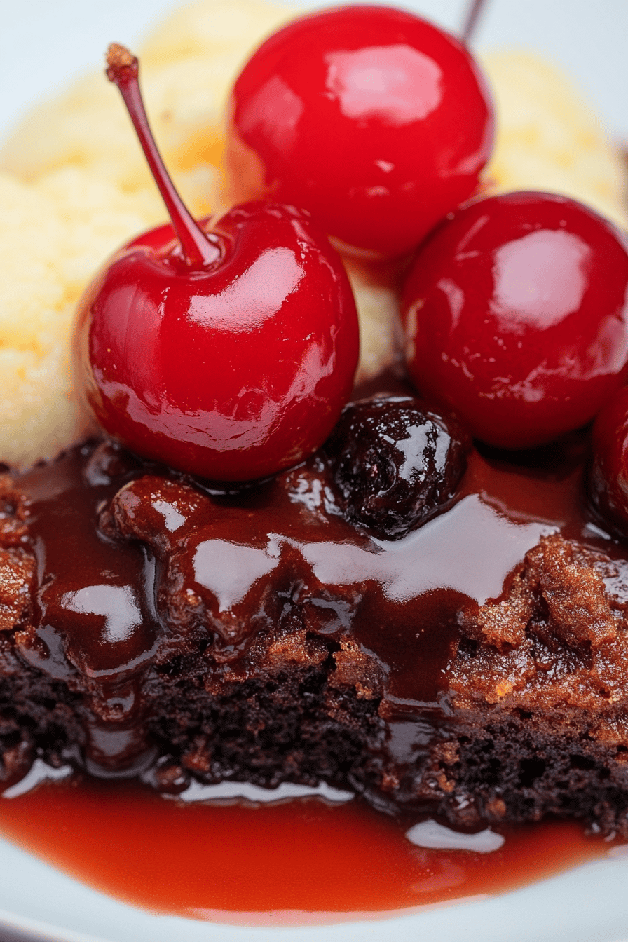 Chocolate Cherry Dump Cake final dish beautifully presented and ready to serve