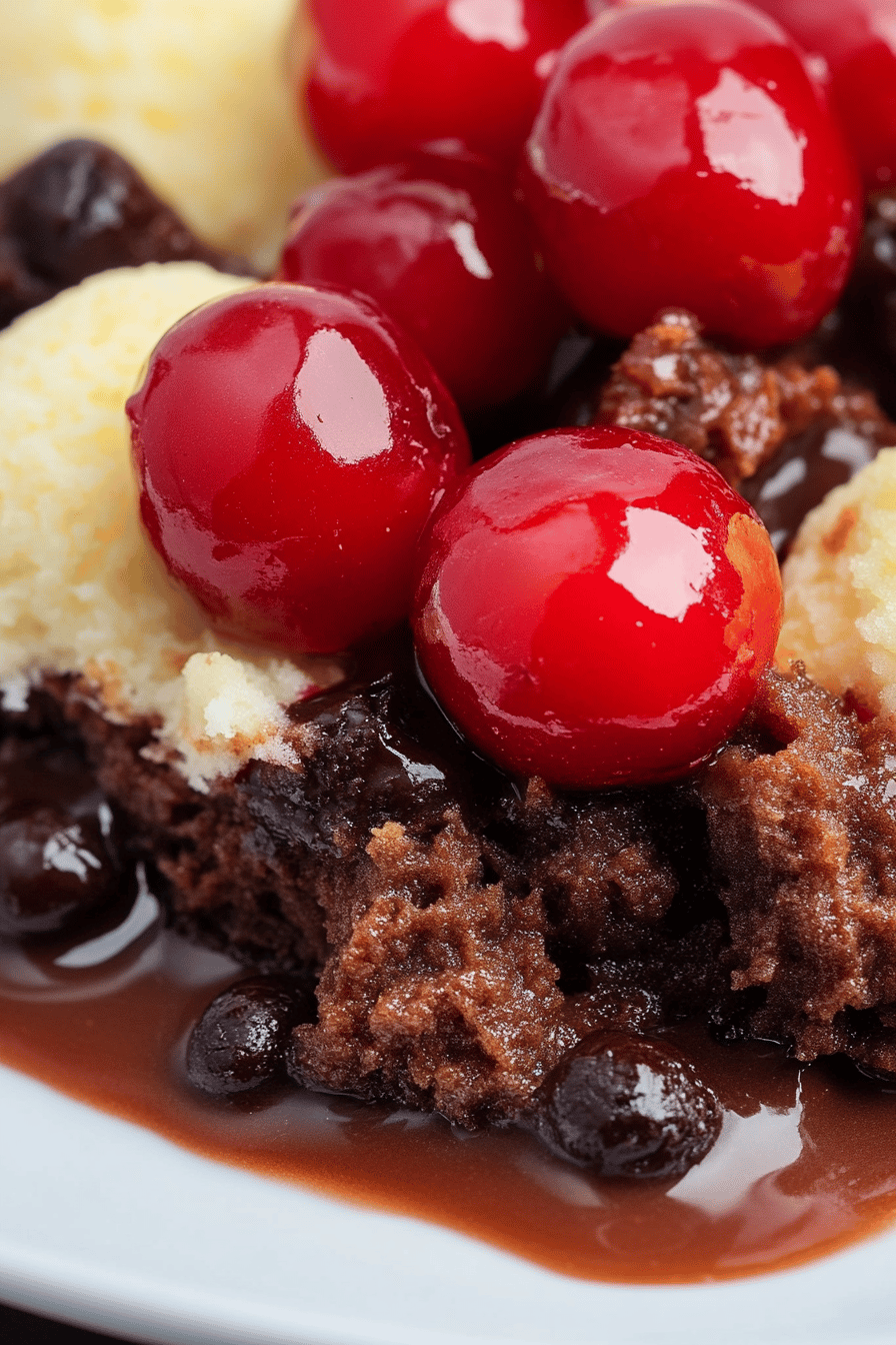 Chocolate Cherry Dump Cake slice on plate showing perfect texture and swirl pattern