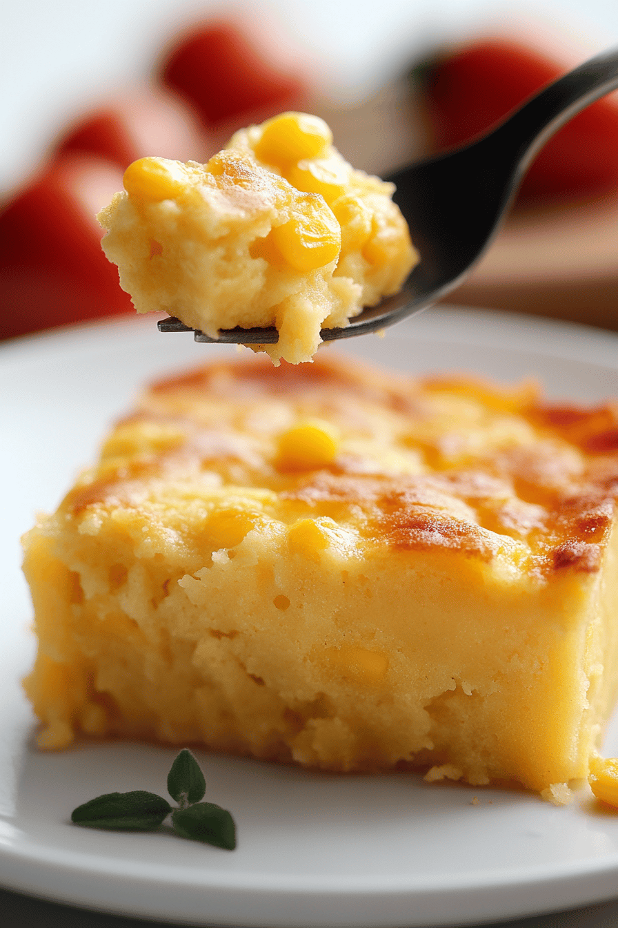Corn Soufflé slice on plate showing perfect texture and swirl pattern