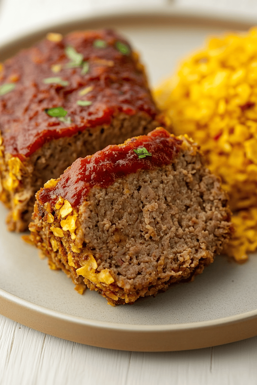 Cornflake Meatloaf Recipe slice on plate showing perfect texture and swirl pattern