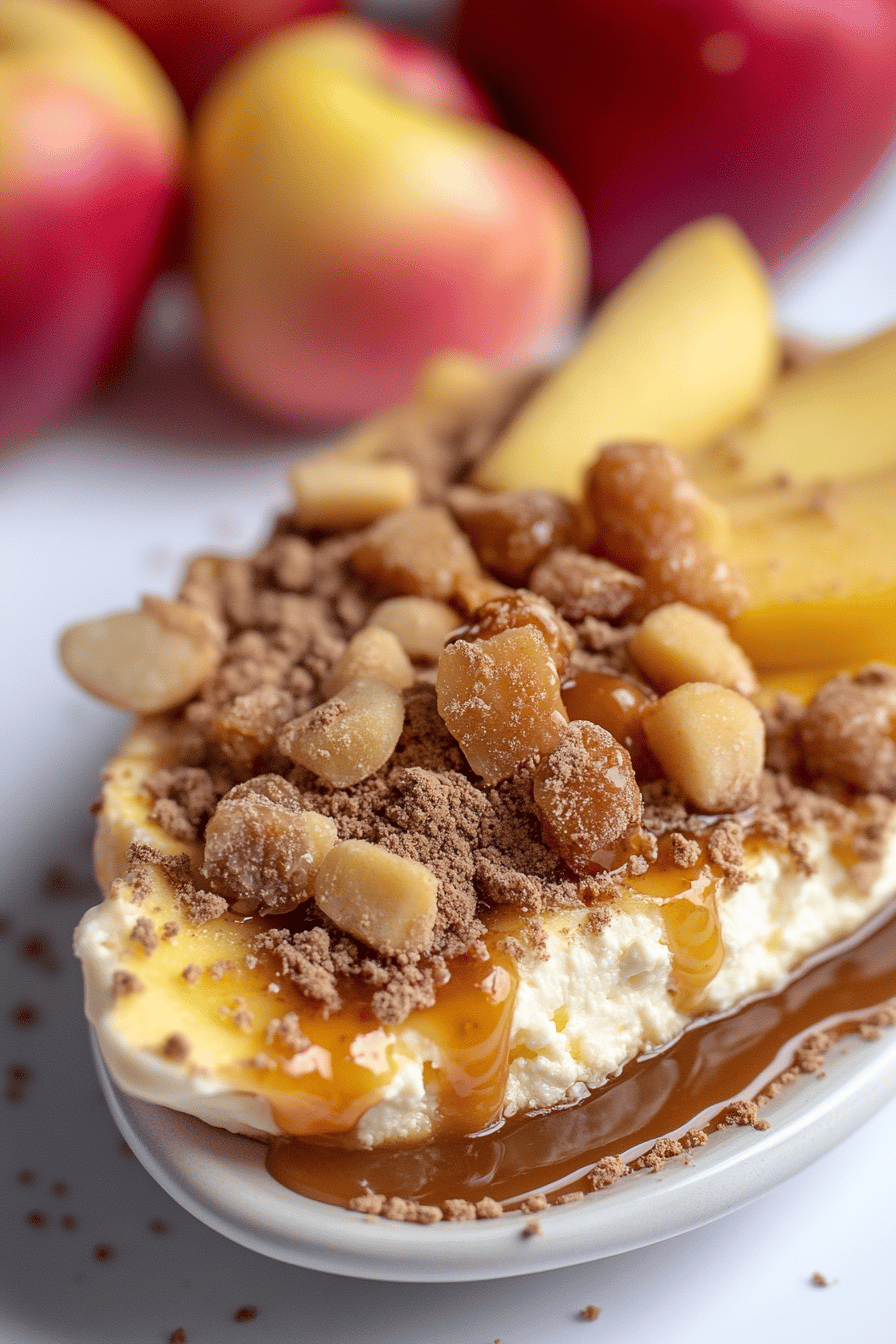 Cream Cheese Caramel Apple Dip slice on plate showing perfect texture and swirl pattern