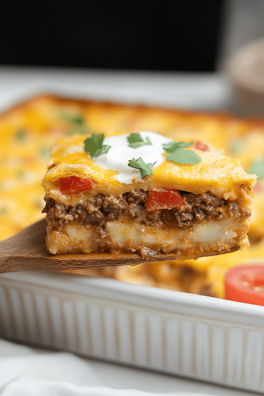 Creamy Burrito Casserole slice on plate showing perfect texture and swirl pattern