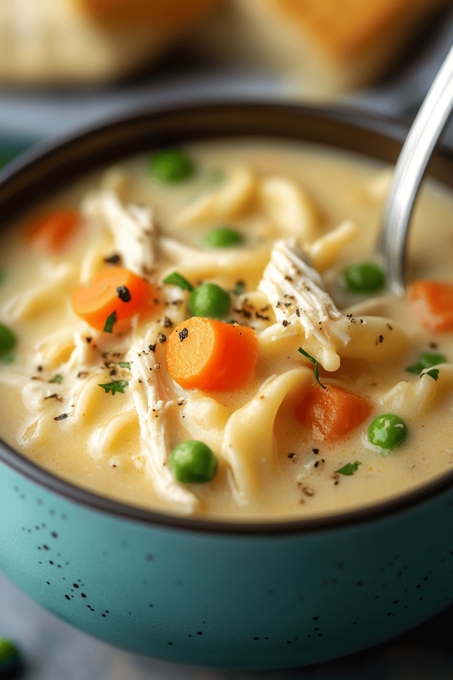 Creamy Chicken Noodle Soup slice on plate showing perfect texture and swirl pattern