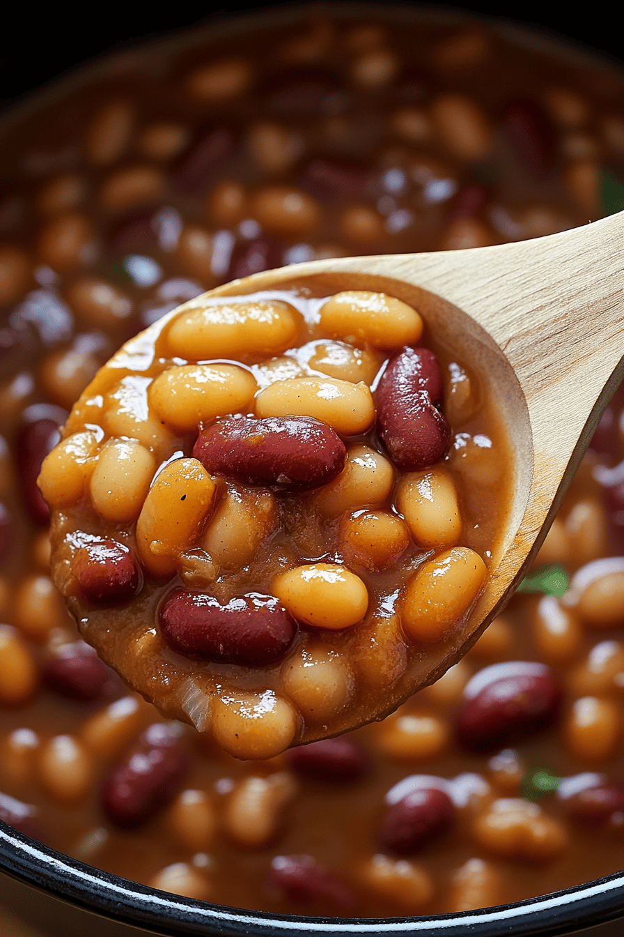 Crock Pot Baked Beans final dish beautifully presented and ready to serve