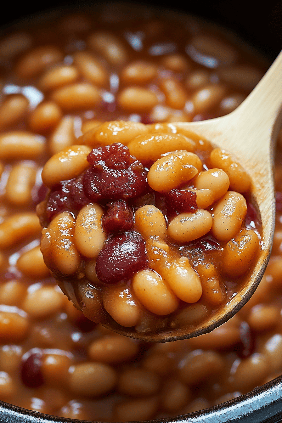Crock Pot Baked Beans slice on plate showing perfect texture and swirl pattern