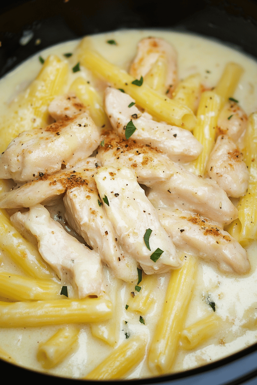 Crock Pot Chicken Alfredo ingredients organized and measured on kitchen counter