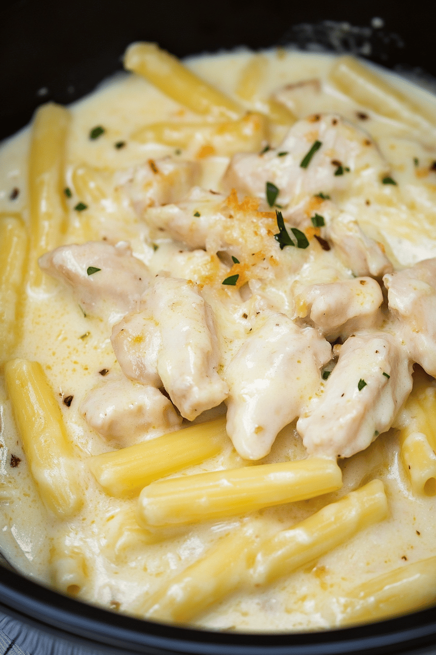 Crock Pot Chicken Alfredo final dish beautifully presented and ready to serve