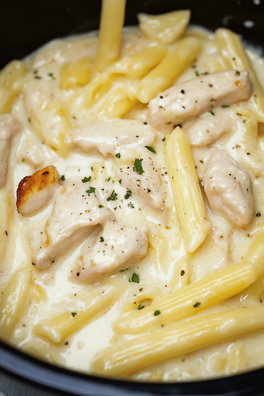 Crock Pot Chicken Alfredo slice on plate showing perfect texture and swirl pattern