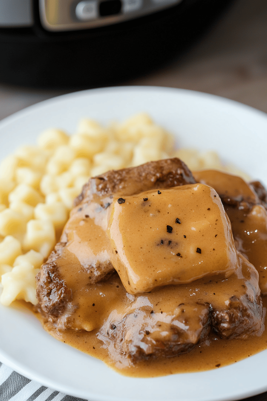 Crock-Pot Cube Steak slice on plate showing perfect texture and swirl pattern