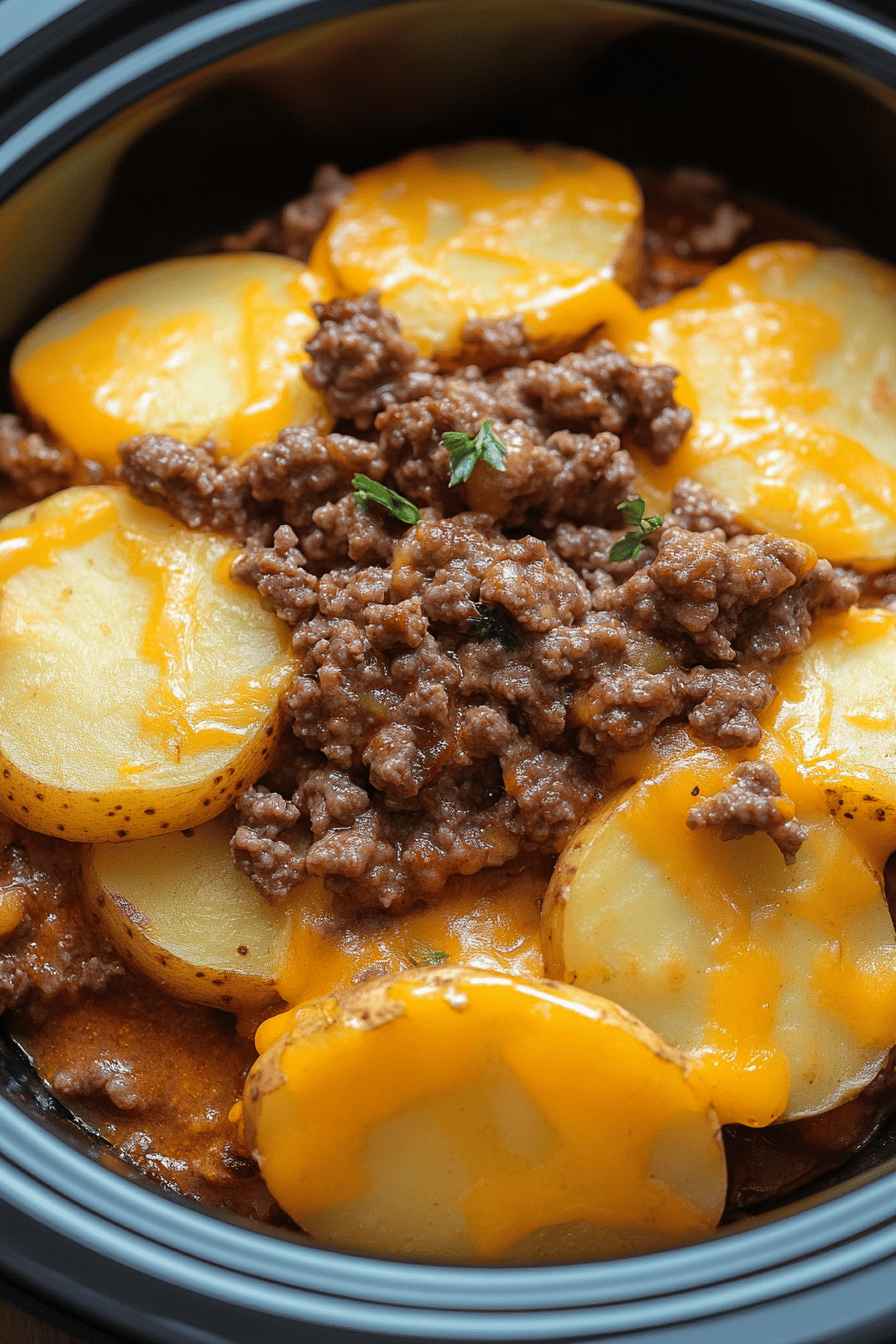 Crock-Pot Hamburger Potato Casserole slice on plate showing perfect texture and swirl pattern
