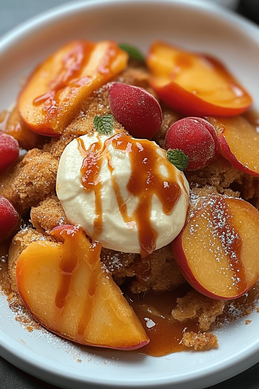 Crock-Pot Peach Cobbler slice on plate showing perfect texture and swirl pattern
