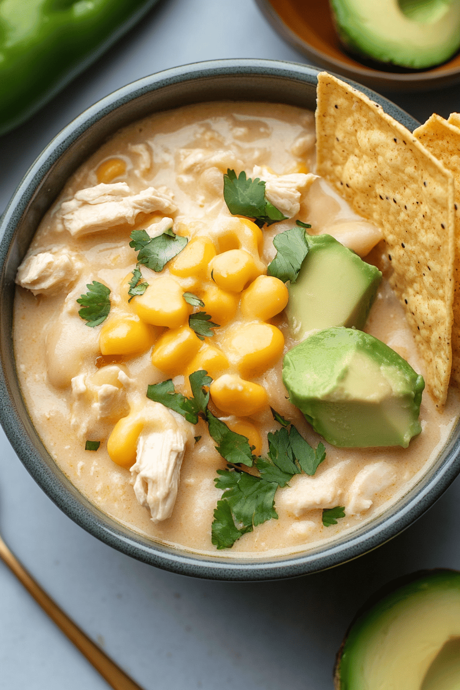 Crock Pot White Chicken Chili final dish beautifully presented and ready to serve